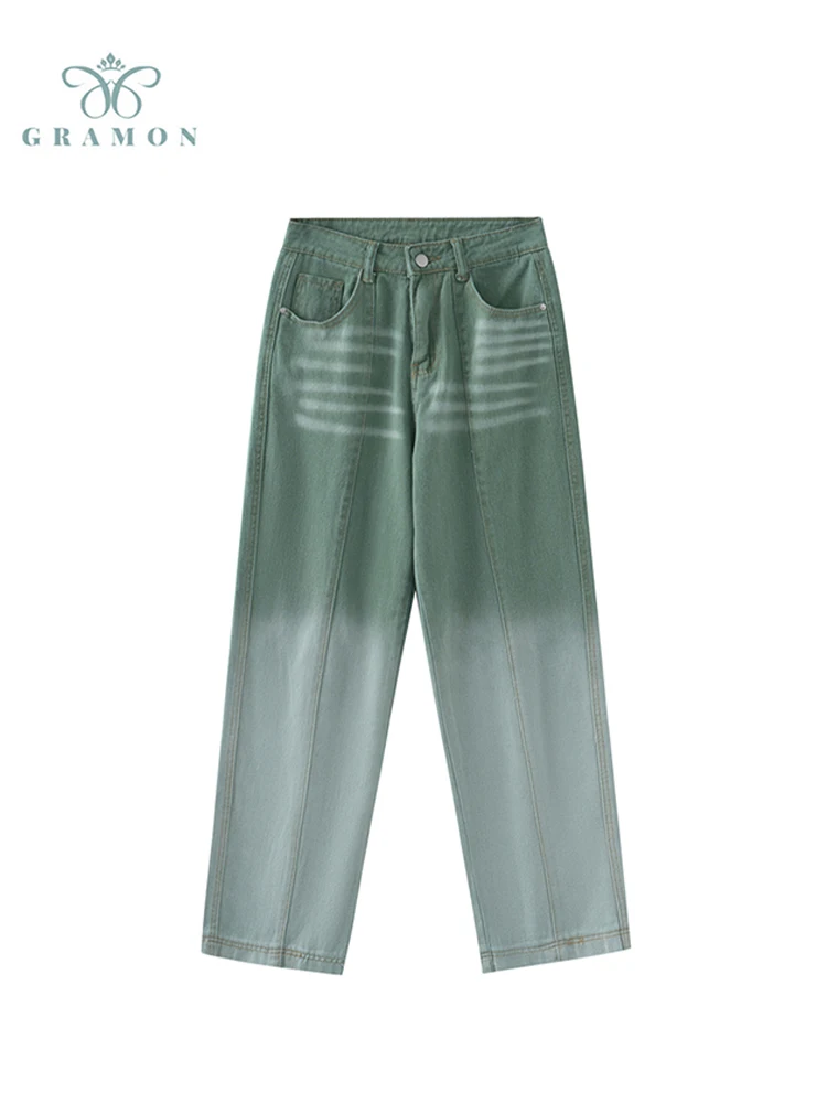 

Джинсы женские градиентные с высокой талией, модные повседневные брюки из денима в американском стиле, брюки с широкими штанинами в стиле Х...