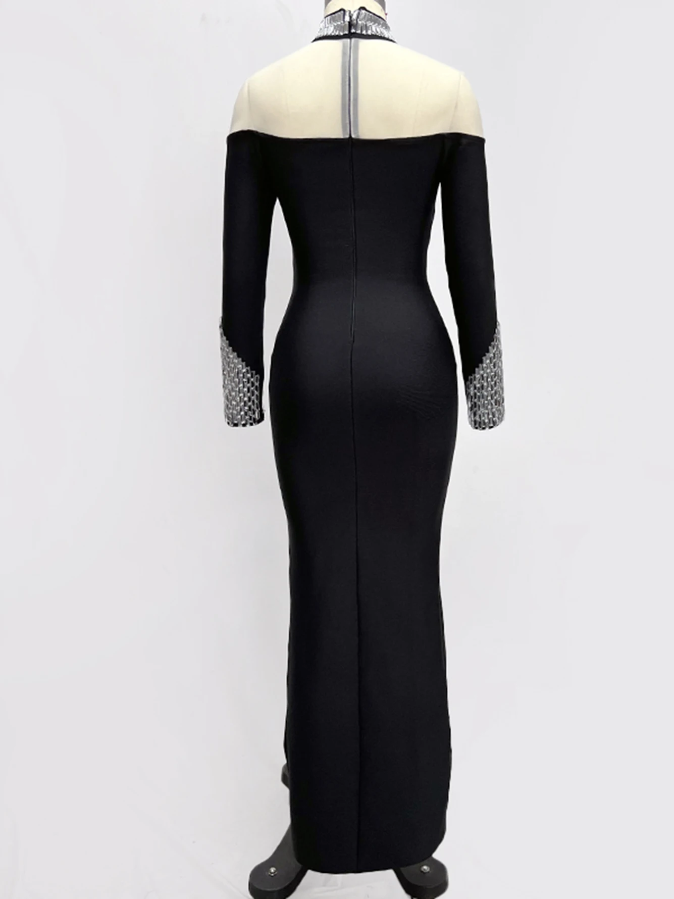 Женское платье-макси с длинным рукавом черное облегающее Сетчатое платье