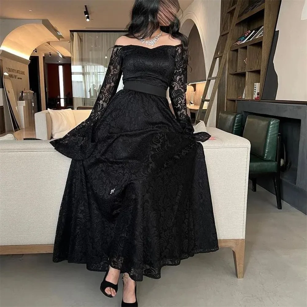 

Black Square Neck Full Sleeve Lace Appliques Fashion A Line Long Evening Dress Floor Length Sweep Train Prom Gowns New
