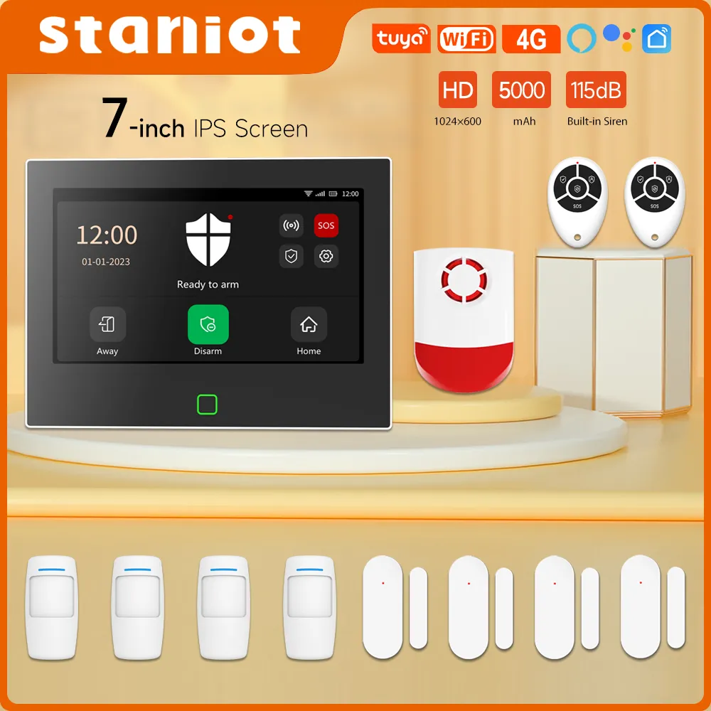 Staniot 7 inch Home Alarm System Wireless WiFi 4G Tuya Smart Security Protection Kit Built-in 115dB Louder Siren 5000mAh Battery