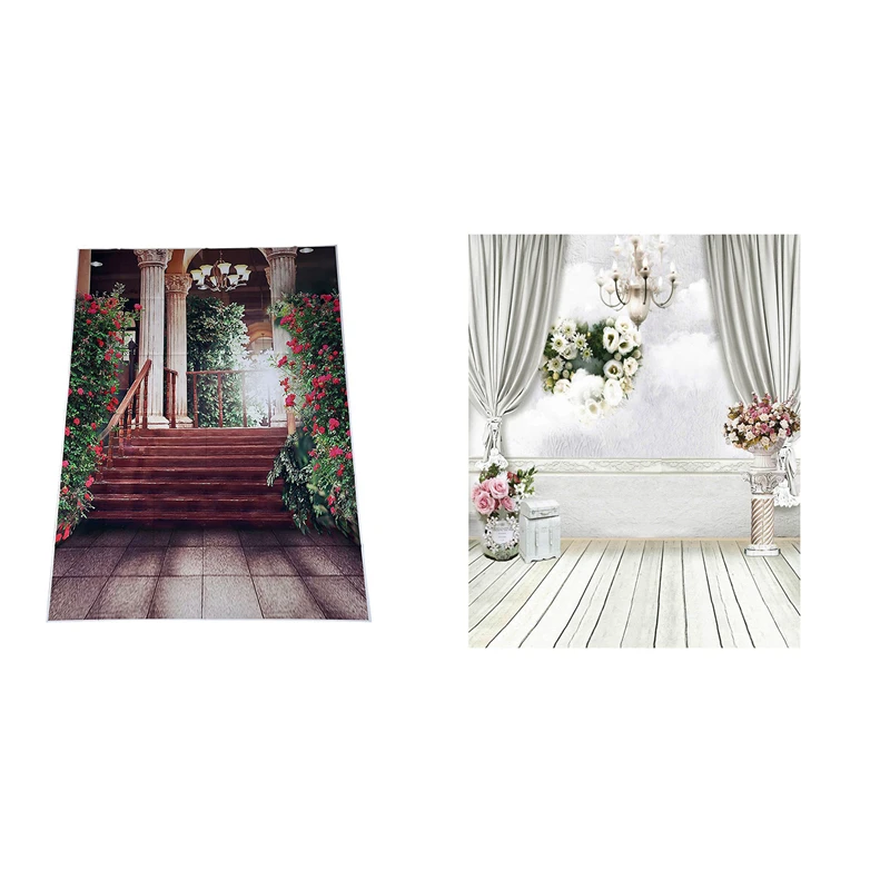 

2Pcs 5X7ft Beautiful Flower Palace/White Curtain Wedding Vinyl Photo Background Waterproof Printed Camera Photography Backdrop