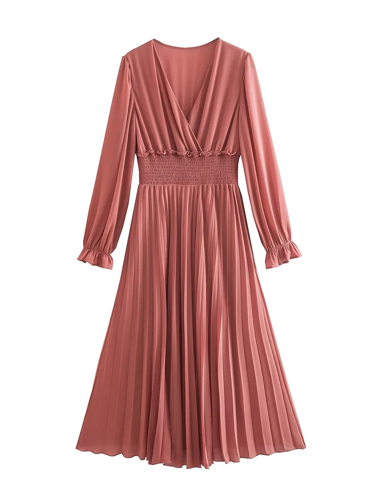 

Женское винтажное шифоновое платье, Элегантное Длинное однотонное плиссированное платье с V-образным вырезом и поясом на резинке, осень