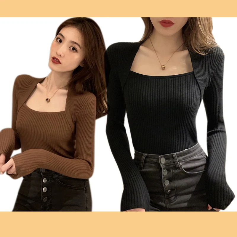 

2 шт. женская нижняя рубашка, футболка с открытой ключицей, облегающий топ с квадратным вырезом, один размер, кофейного цвета и черного цвета