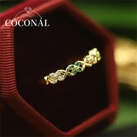 coconal metal copper four leaves grass green zircon ring for women wedding crystal jewelry personality girl luxury birthday gift