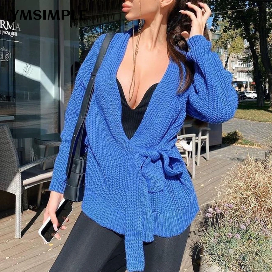 

Autumn Winter Women V-neck Lace Up Cardigan Casual Loose Streetwear 2022 Female Bandage Knitted Sweater Y2k Knitwear Blouse Blue