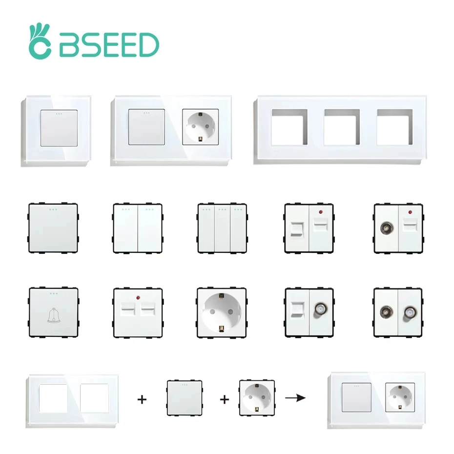 BSEED Mvava DIY UK EU Standard TV Satellite USB Socket Button Switch With Crystal Glass Frame Panel White Home Improvement