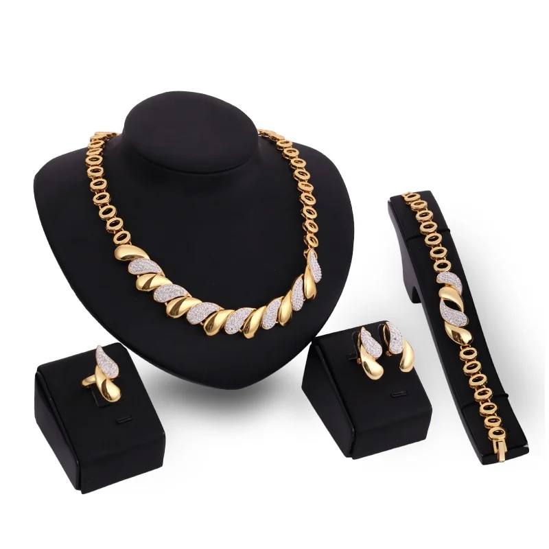 

LE Valentine's Day Gift Chunky European Jewelry Gold New Design Africa Necklace Bracelet Ring Earrings 4PCs Jewelry Set