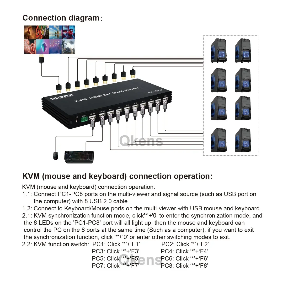 Фото Мультивьюер 4K 8x1 HDMI KVM: бесшовный коммутатор для нескольких экранов, 8-канальный видеомультиплексор, мультивьюер для 2, 4, 6, 8, 9 экранов №3