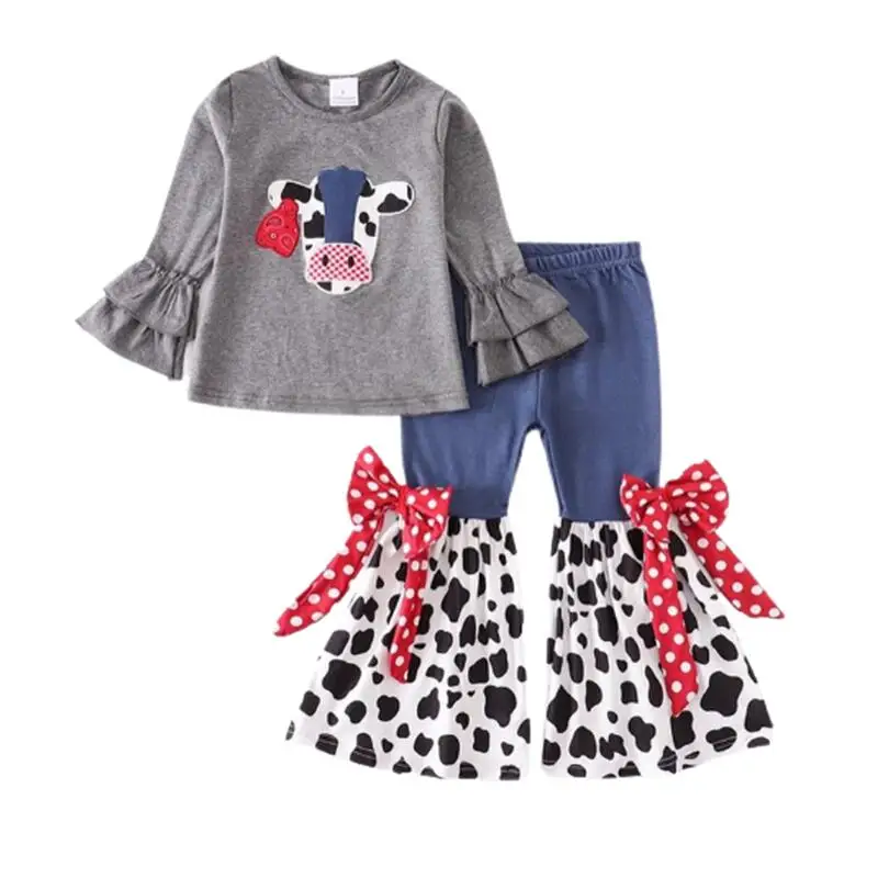 Baby Girls Clothes Sets Cow Printing Ruffle Top and Bell Bottom Patchwork with Two Bows Pants Toddler Kids Outfits Boutique