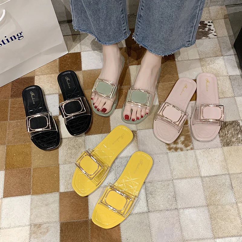 2022 New Summer Women's Slippers PVC Belt Fashion Simple Square Buckle Sandals Flat Slippers Beach Slides