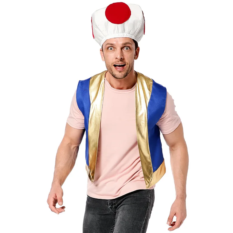 

Adult Men Prince King Mushroom Red Dot Captain Toad T Shirt Hat Vest Set Halloween Role Play Dress Up Cosplay Costume
