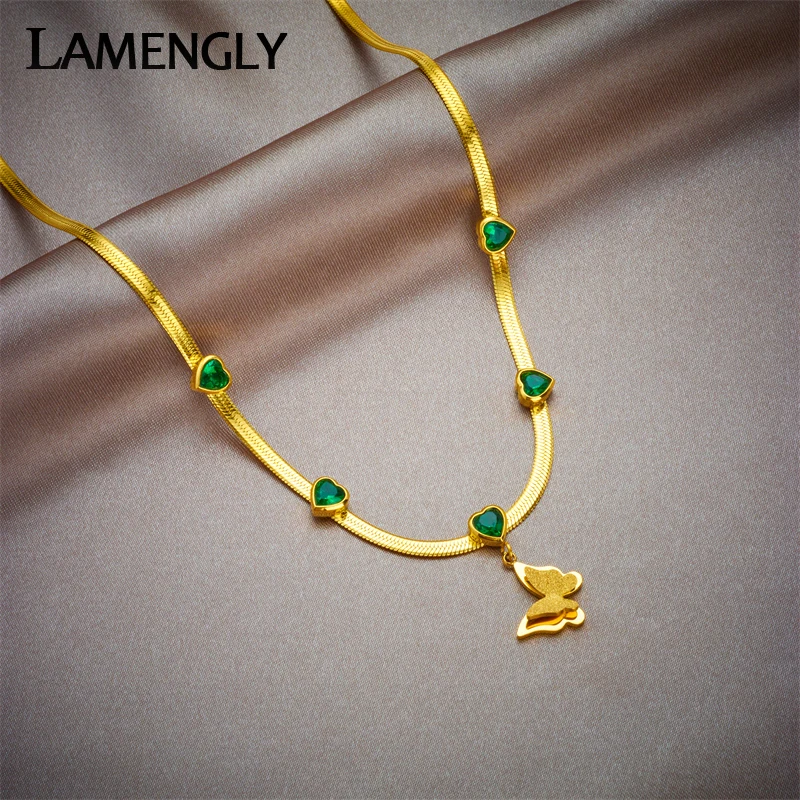 

LAMENGLY 316L Stainless Steel Heart Crystal Butterfly Pendant Necklace For Women New Fashion Girls Snake Chain Jewelry Gifts