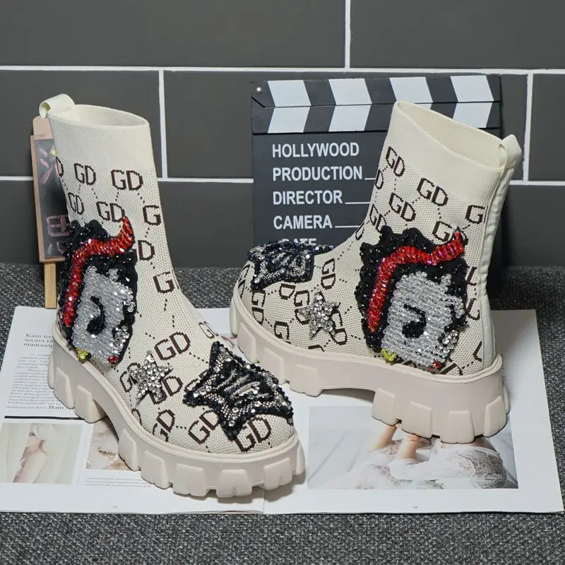 

Осенне-весенние массивные ботинки, Высококачественная вязаная обувь на толстой подошве, женские ботильоны с бисером, женские короткие боти...