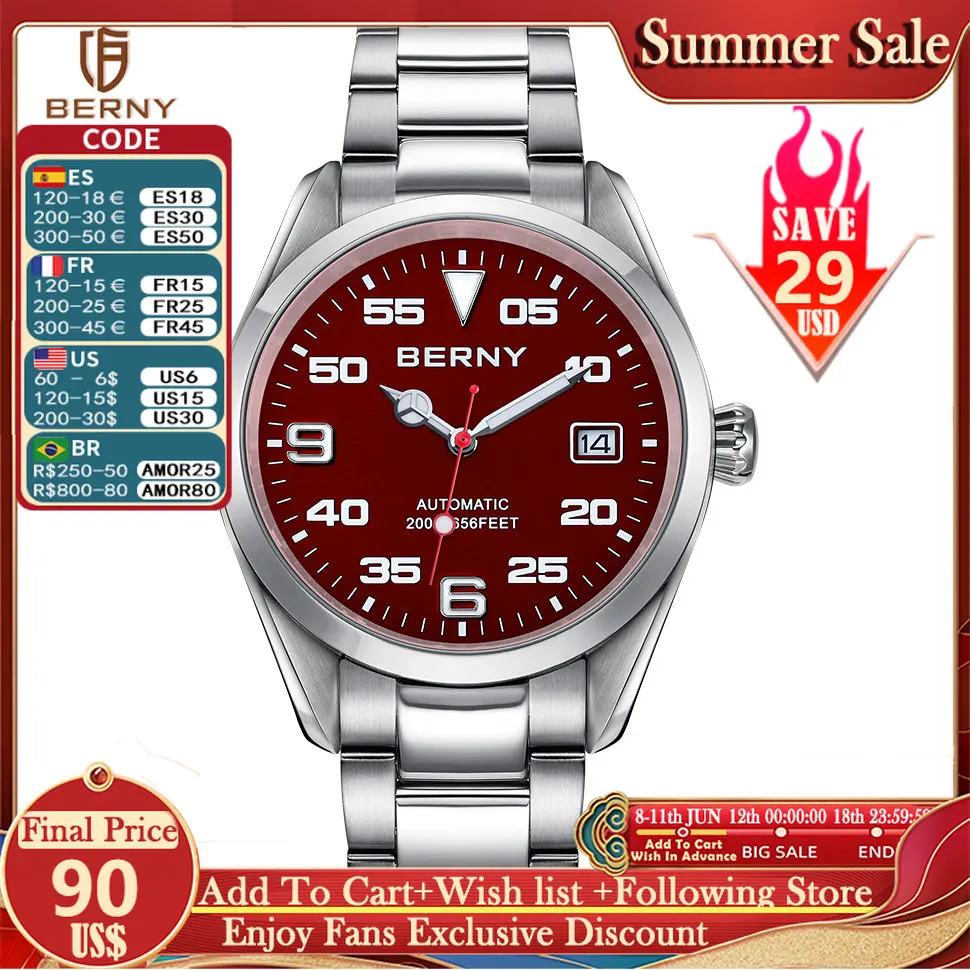 

Часы мужские механические водонепроницаемые из нержавеющей стали, 20 атм