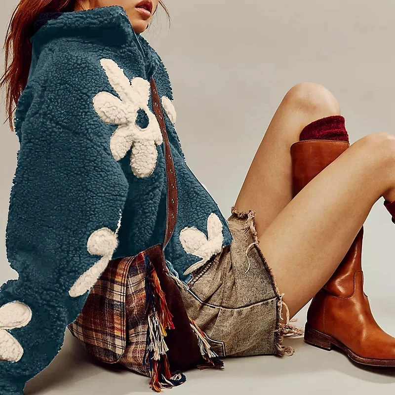 Осенне-зимнее теплое пальто из овечьей шерсти женское модное с цветочным принтом