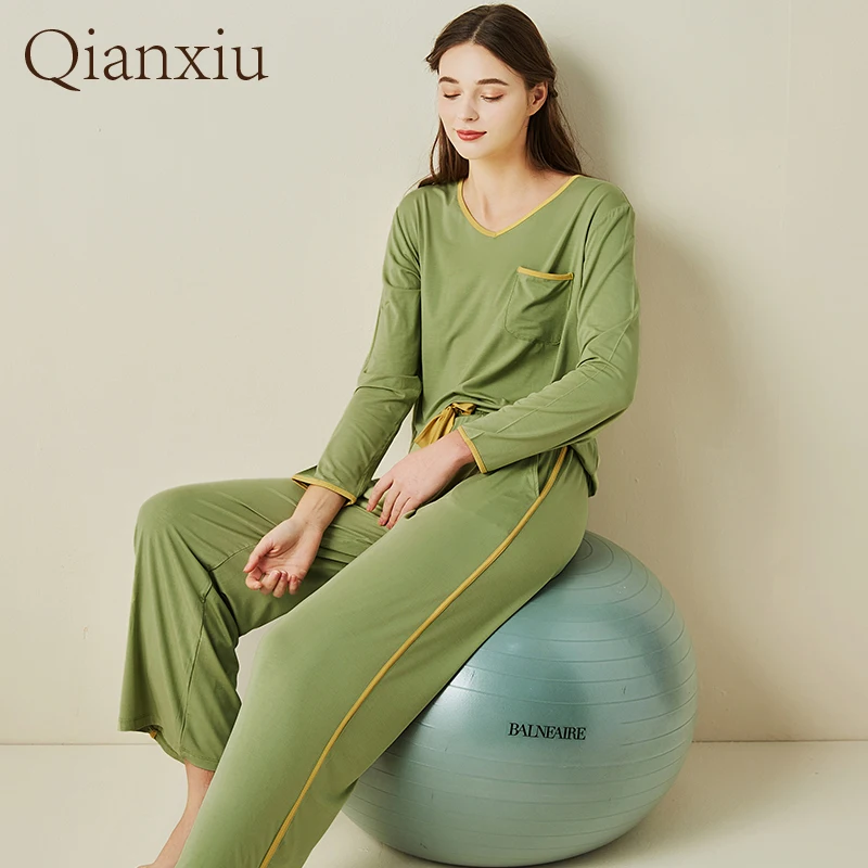 2022Women's Winter Autumn Underwear Bamboo Fiber Pajamas Set  V-neck Robe Set Sexy Tops Pants Home Clothes Long Sleeve Nightgown