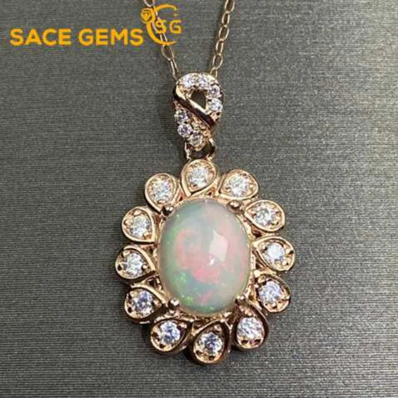 

SACE GEMS New Trend S925 Sterling Silver 8*10MM Natural Opal Pendant Necklaces for Womne Engagement Cocktail Party Fine Jewelry