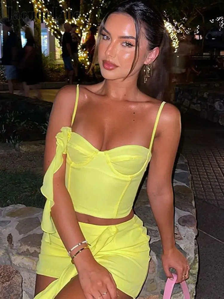 

Jacuqeline Sexy Ruffles Dress Set Women Outfits Tie Flower Deep V Sling Tops and Bodycon Short Skirt Sets 2023 Summer Y2K Yellow