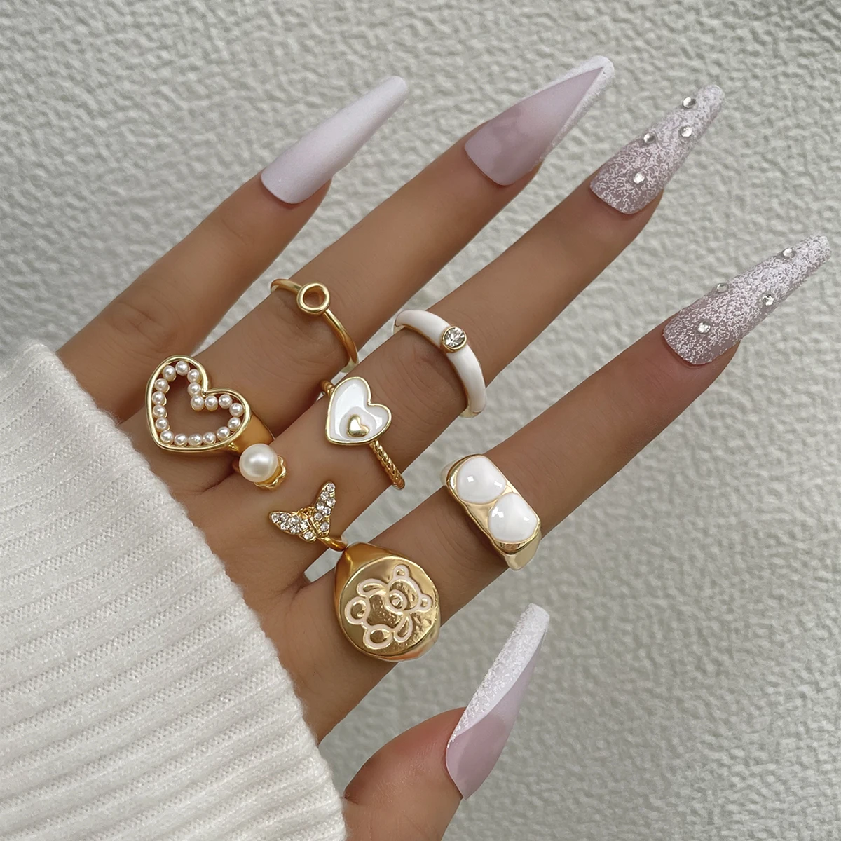 

Stillgirl Kpop Heart Gold Color Rings for Women Vintage Pearl Bear Geometric Set Rhinestone Female Boho Jewelry Anillos Mujer