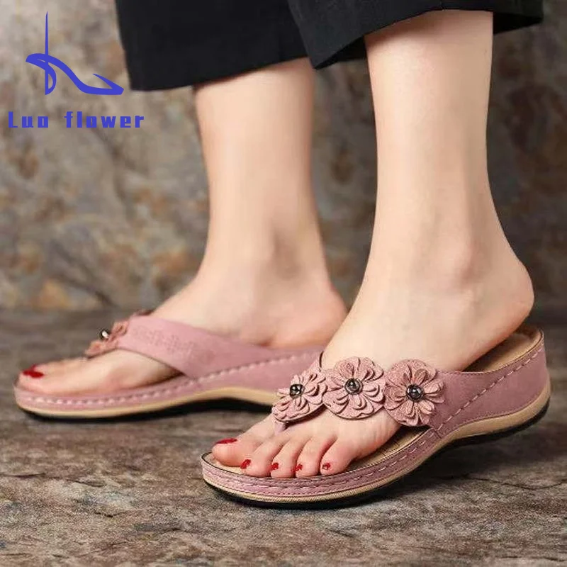 

Woman Slippers 2022 Summer Women Flowers Vintage Flip Flop Ladies Wedges Comfortable Casual Shoes Female Large Size Slippers T