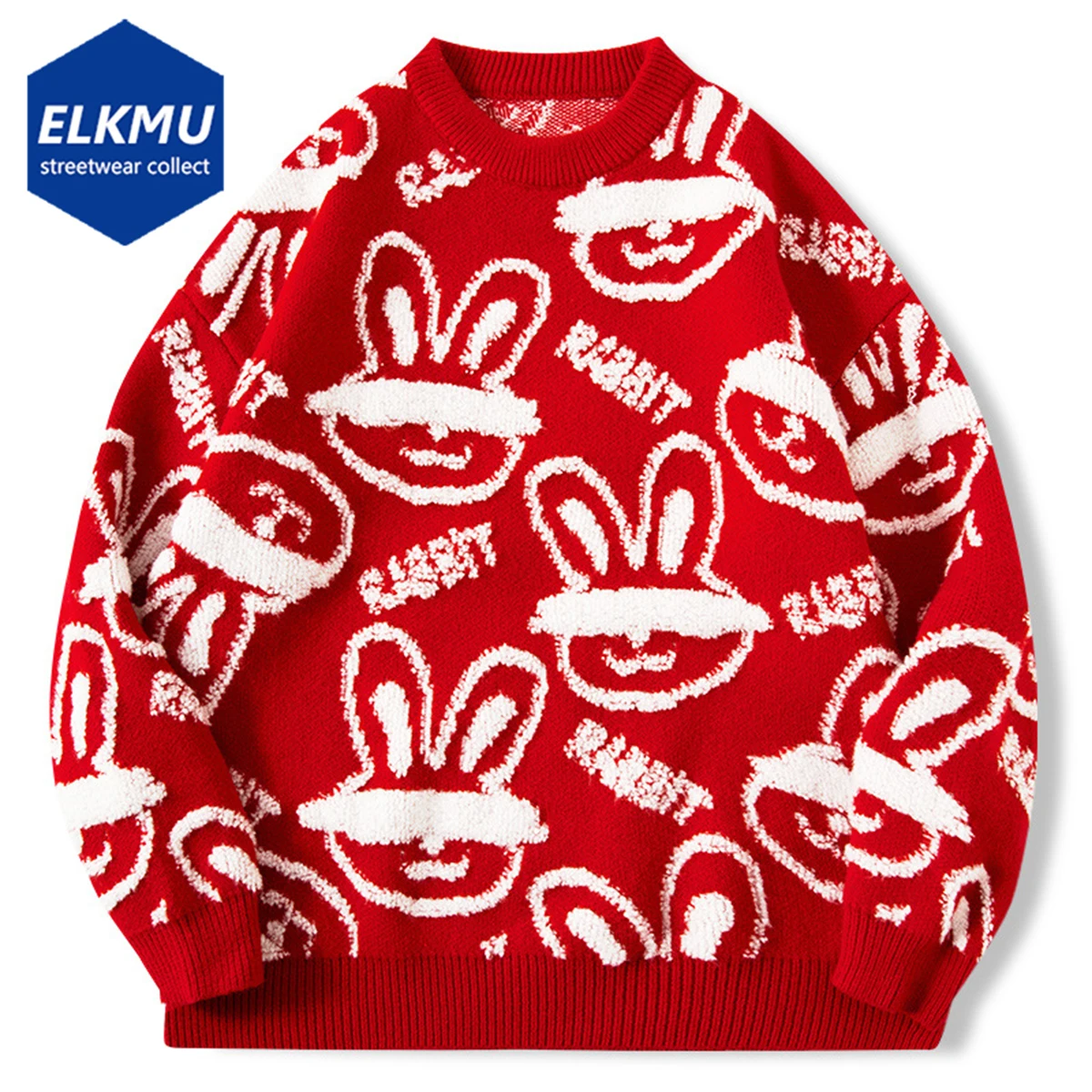 

Rabbit Sweaters 2023 Fashion Knitted Sweater Harajuku Streetwear Hip Hop Oversized Pullover Sweaters Jumpers Red