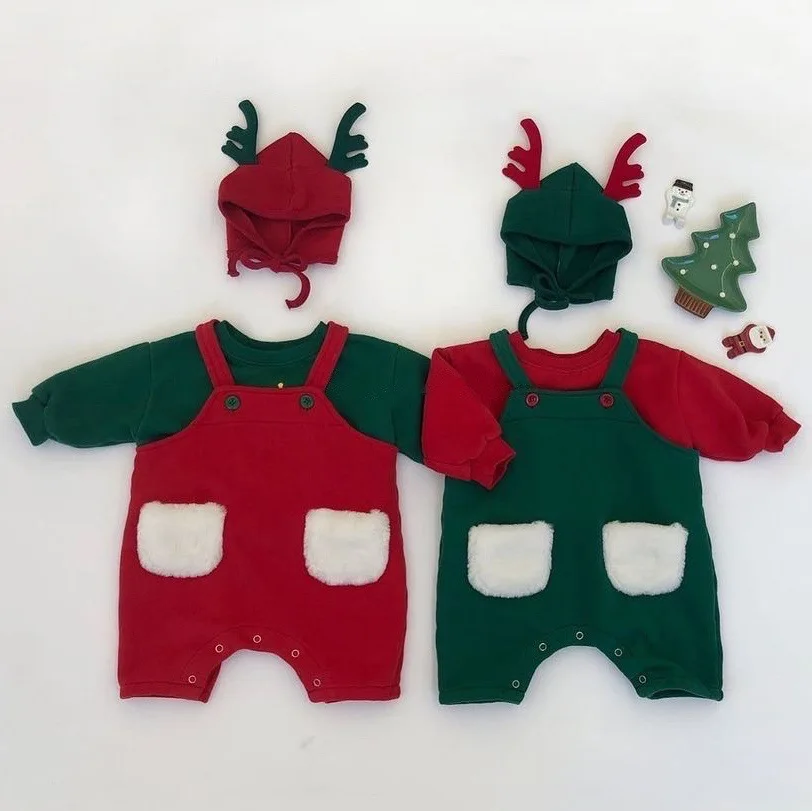 

Рождественский новый пуловер для младенцев с мультяшным рисунком, свитшоты, праздничный флисовый комбинезон для мальчиков и девочек с карманами, милая Кепка с рогом лося