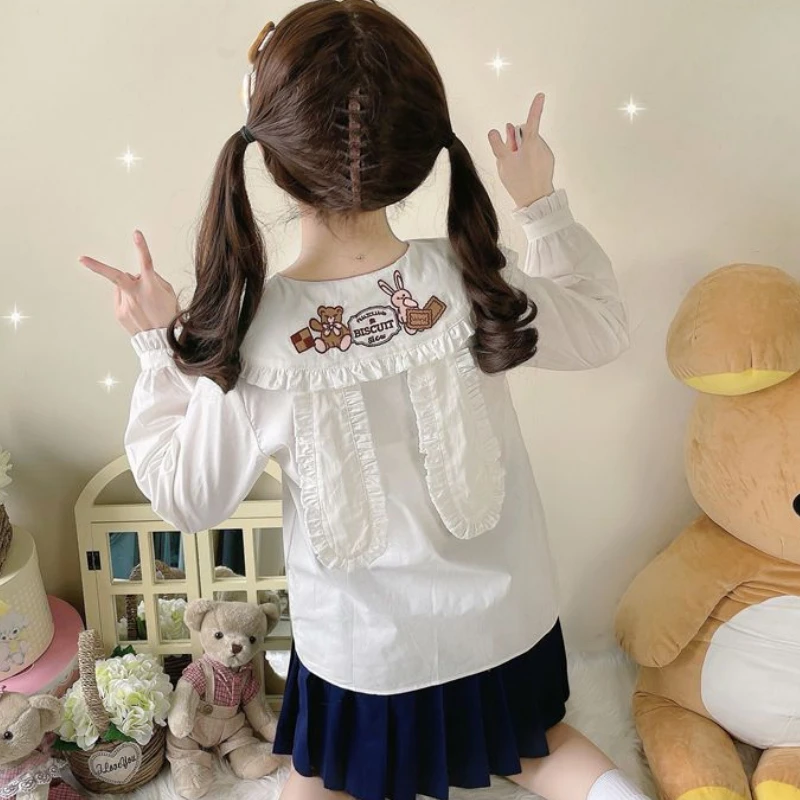 

Japanese Kawaii Lolita Blouses Women Sweet Bunny Ears Peter Pan Collar JK Shirts Female Preppy Style Bear Embroidery White Tops