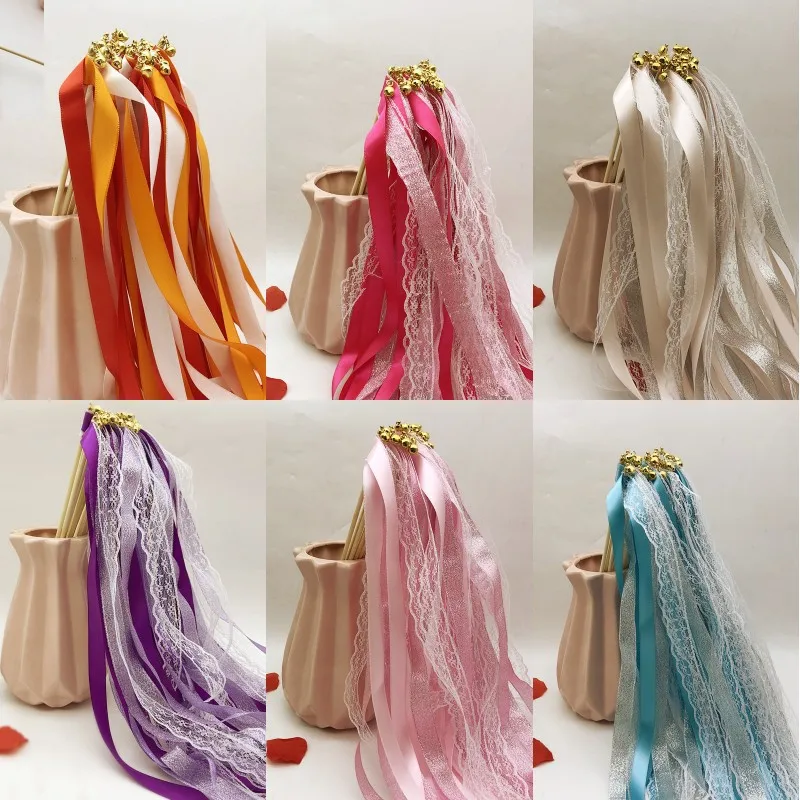 

20/10pcs/lot Colorful Stain Ribbon Wedding Stick Mixed Color Wedding Wands with Gold Bells Party layout for Wedding Decoration