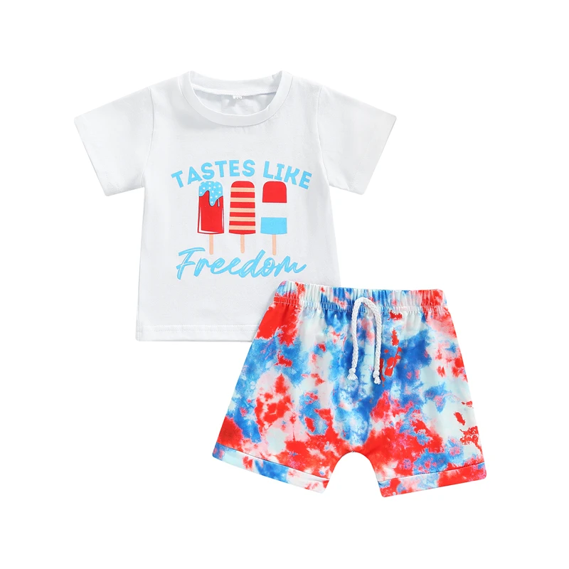 

Independence Day Infant Two Piece Outfits Baby Popsicle Lettering Pattern Short Sleeve T-shirt Tie Dye Drawstring Shorts