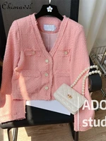 pink coat for women 2022 autumn new fashion v neck chic design long sleeve single breasted temperament wild coat
