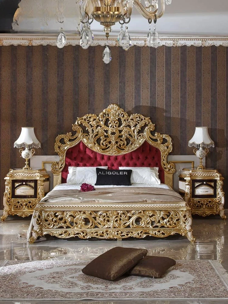 

Вилла из массива дерева, резная двойная кровать, европейская роскошная тканевая двуспальная кровать, французское Дворцовое постельное белье, свадебная кровать принцессы