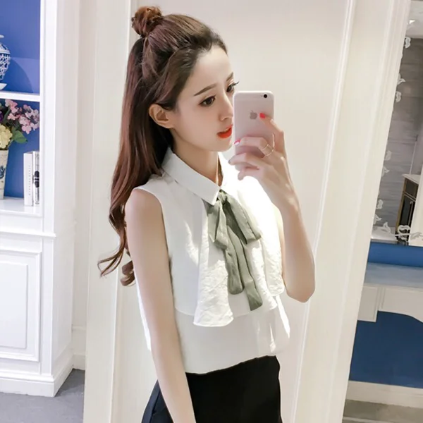 

Summer Woman Fashion New Shirt Female Solid Color Temperament Sleeveless Shirt Ladies Bow Print Casual Loose Vintage Top A60