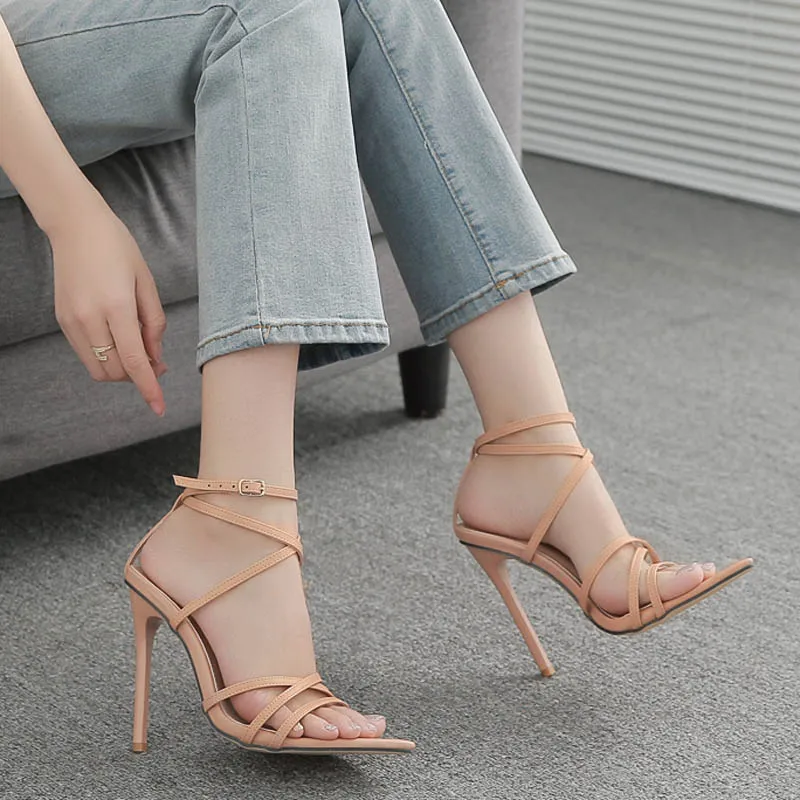 

Summer Woman New High Heel Stiletto Sandal Roman Pointy Open Toe Sexy Hollow Lace Up Women Sandal