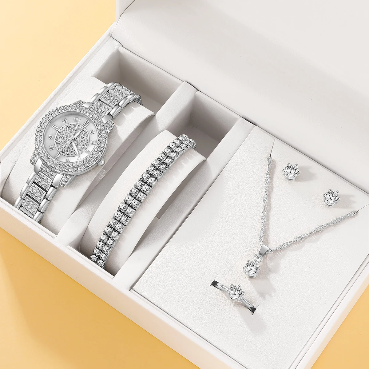 Модные женские Серебристые кварцевые часы со стальным ремешком, роскошные бриллиантовые часы, кольцо, серьги, ожерелье, браслет [без коробки]