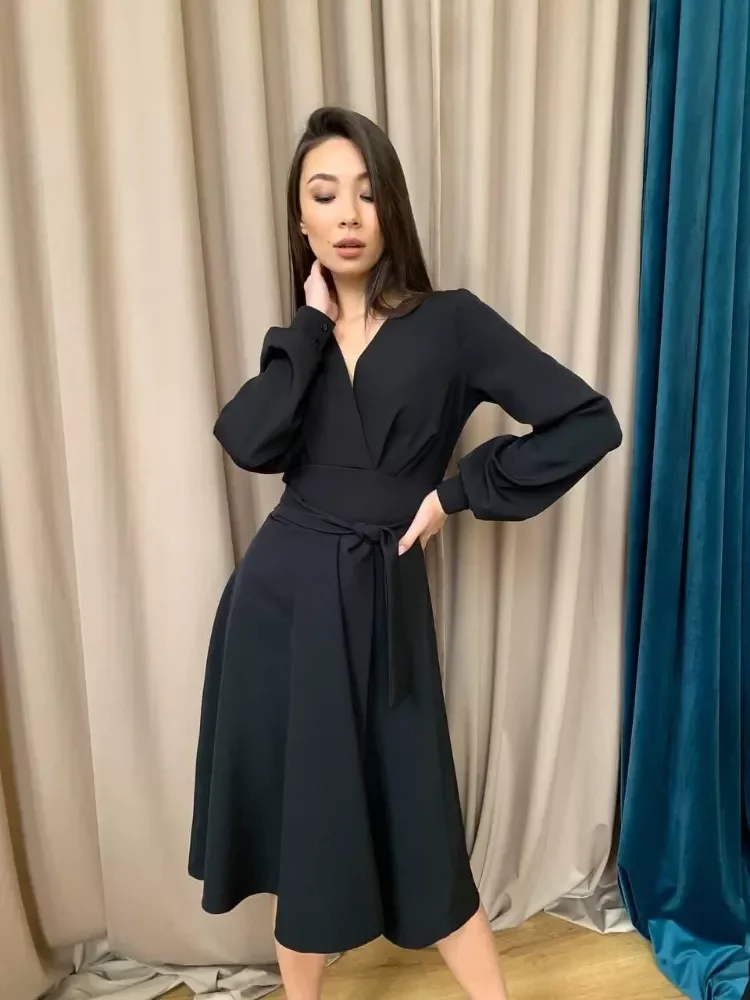 

Elegant Lantern Sleeve Dress 2022 Fashion Women Dress For Party Office Ladies V-neck A-Line Midi Dresses Casual Spring Clothing