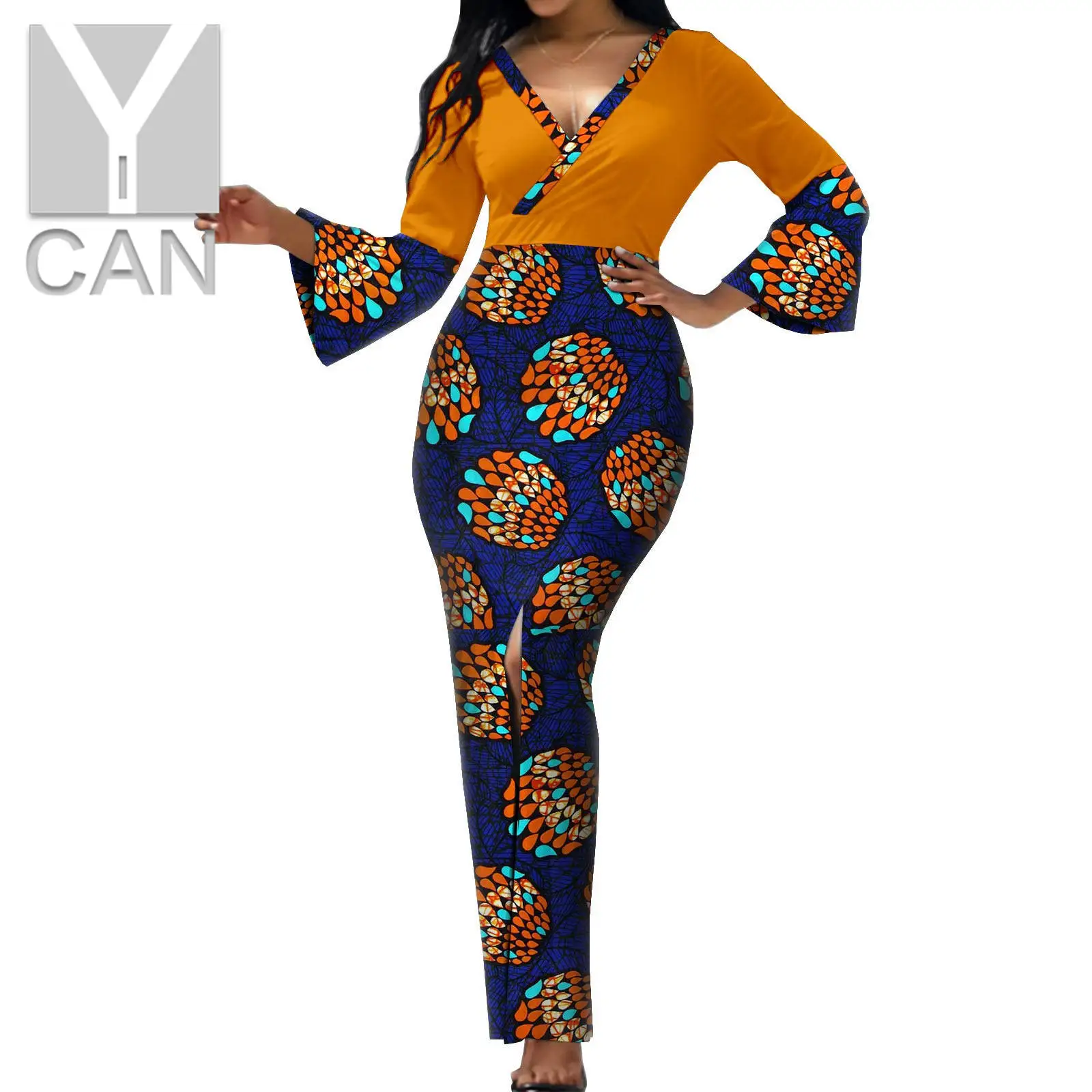 

African Dresses for Women Bazin Riche Sexy Female Patchwork Flare Sleeve Ankara Print V-neck Slim Fit Party Clothes Y2225010