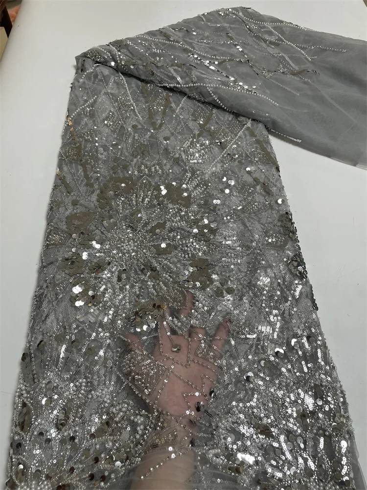 

Luxurious Grey Sequence Lace Fabrics Nigeria Lace 2023 Embroidery Mesh Lace Fabric 3D Beaded African Wedding Lace Fabric DX-6650