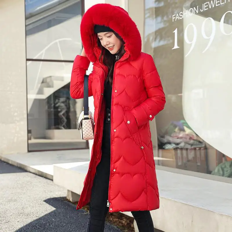 2022 Autumn Winter New Women Hooded Down Jacket Long Cotton Jacket Plus Velvet Warm Cold Protection Black Coats Female Clothing