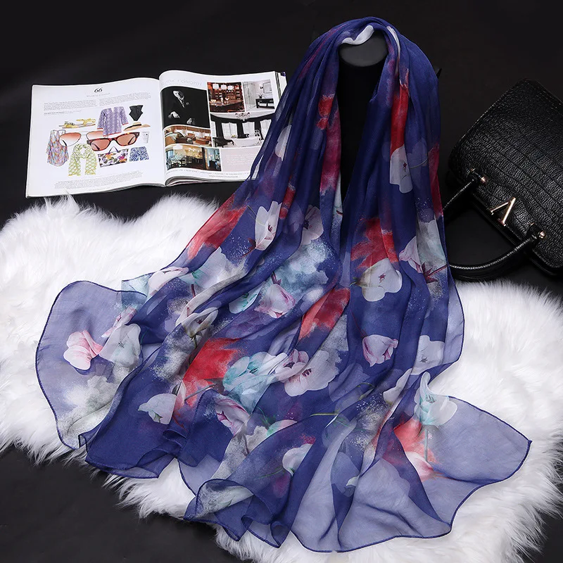 

Mulberry Silk Hijab Luxury Brand Woman Scarf 100% Silk Scarf Muslim Women Beach Towel Ink Painting Flower180*110cm