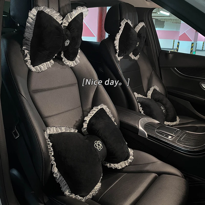 

New Cartoon Camellia Car Headrest Neck Pillow Winter Plush Four Seasons Light Luxury Car Seat Lumbar Car Waist Neckpillow