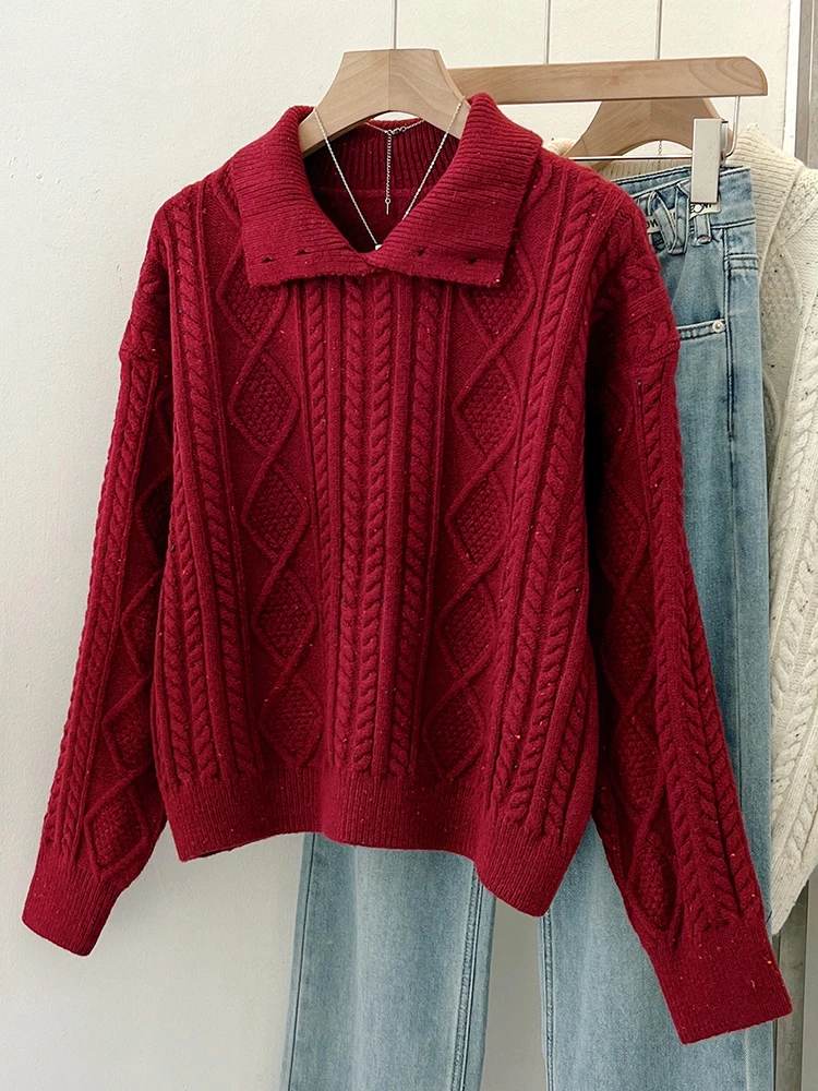 Красный свитер с кукольным воротником женский осенне-зимний 2024 новый вязаный топ