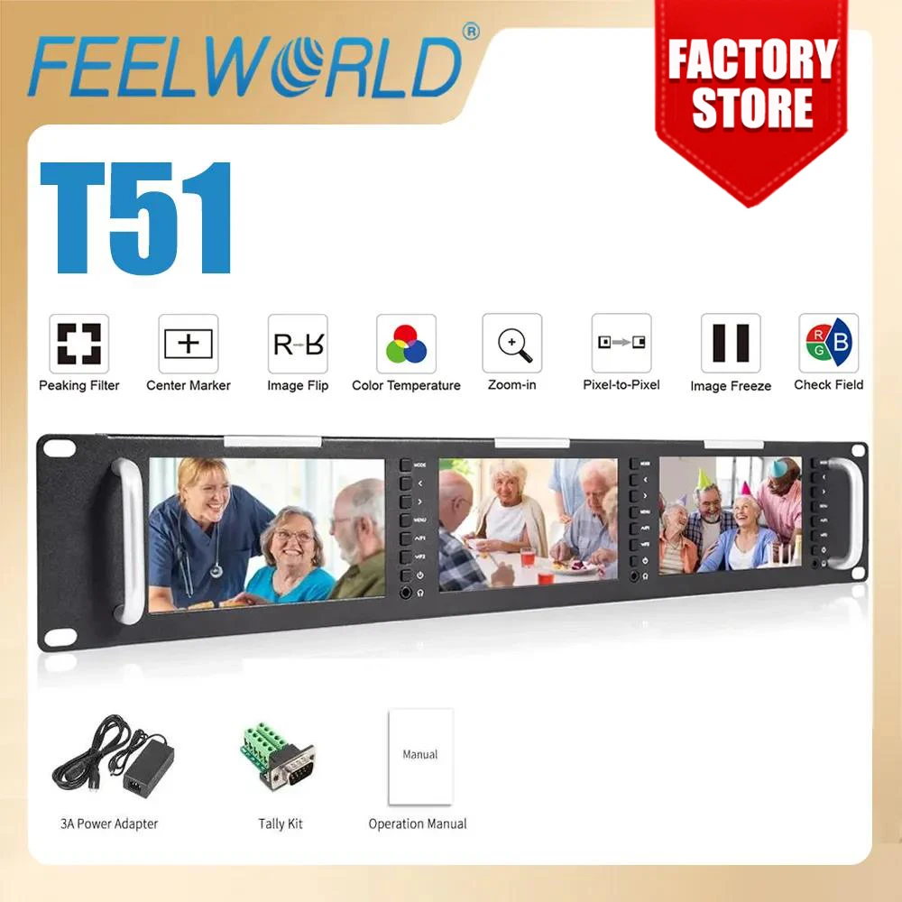 Монитор Feelworld T51 с тройным настенным креплением, 5-дюймовый 2RU LCD 3G-SDI HDMI вход и выход, монитор качества вещания