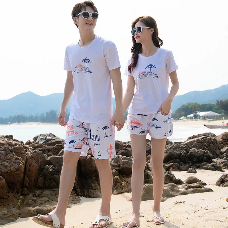 

Couple Lover Beach Quick-Drying Pants Casual Top Unisex Sun Umbrella Print White Short Sleeves T Shirt Fast Dryed Pants 2Pcs Set