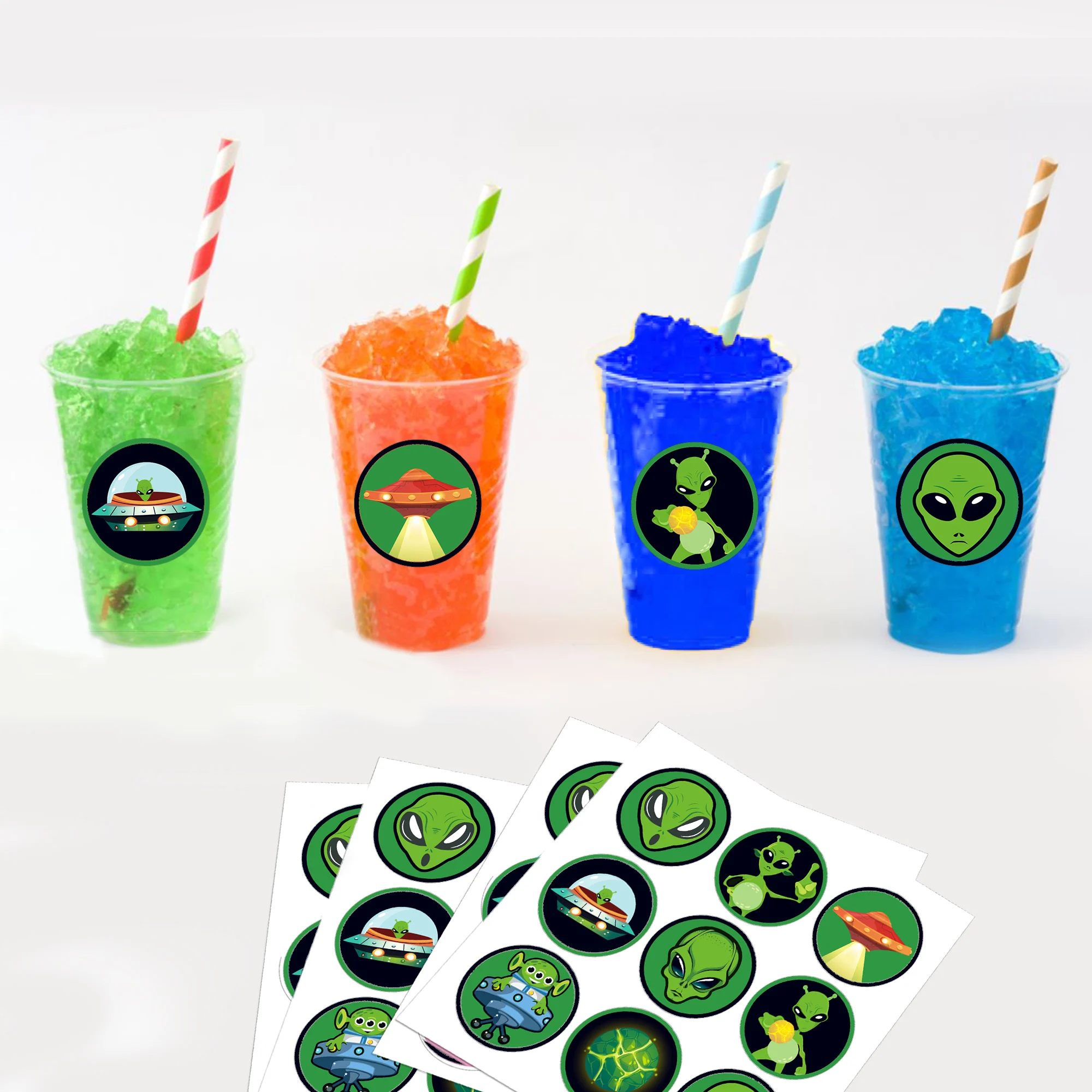 

KK206 180pcs Cartoon Alien Mars Space Birthday Party PVC Stickers Gift Sealing Labels Notebook Computer Biscuits Candy Decors