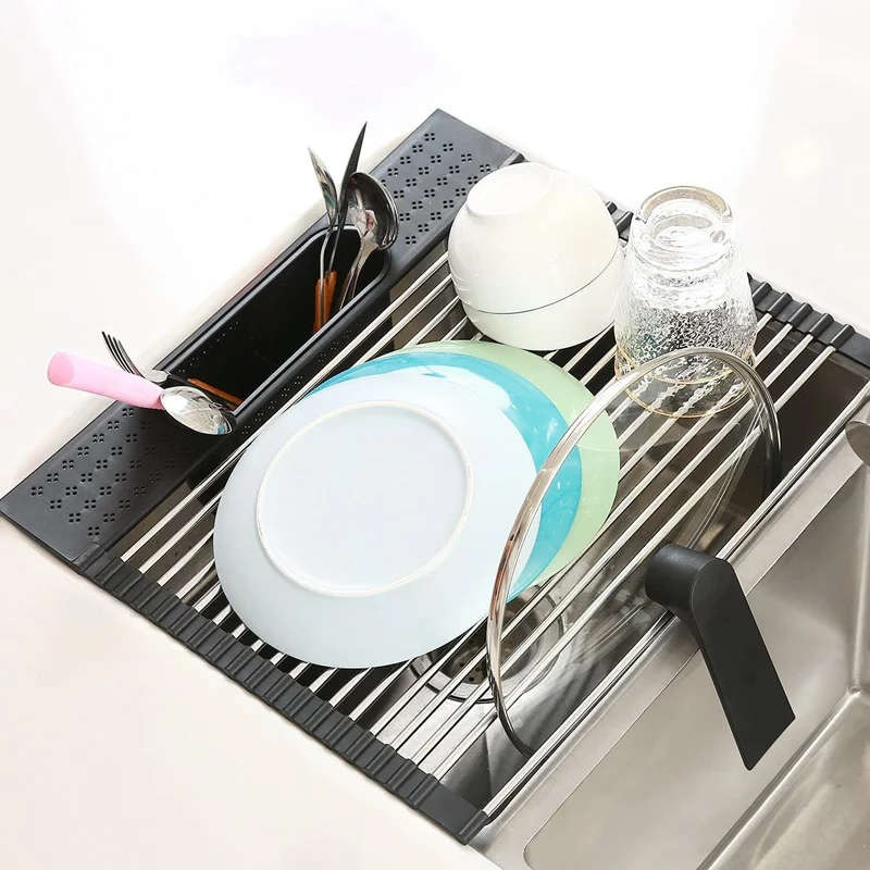 Foldable Roll Up Dish Drying Rack for Kitchen Sink Stainless Drainer above Sink Storage Organizer Tray Kitchen Accessories