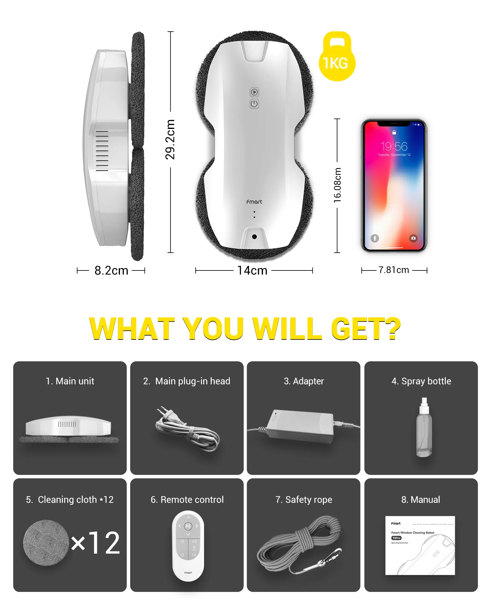 Робот-очиститель окон T8Pro для плитки безрамное окно стекло очистки AI пульт