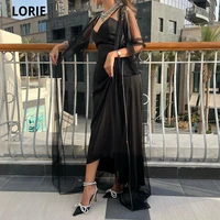 lorie black satin mermaid prom dresses 2022 spaghetti straps criss cross back formal party gowns with tulle cape evening dresses