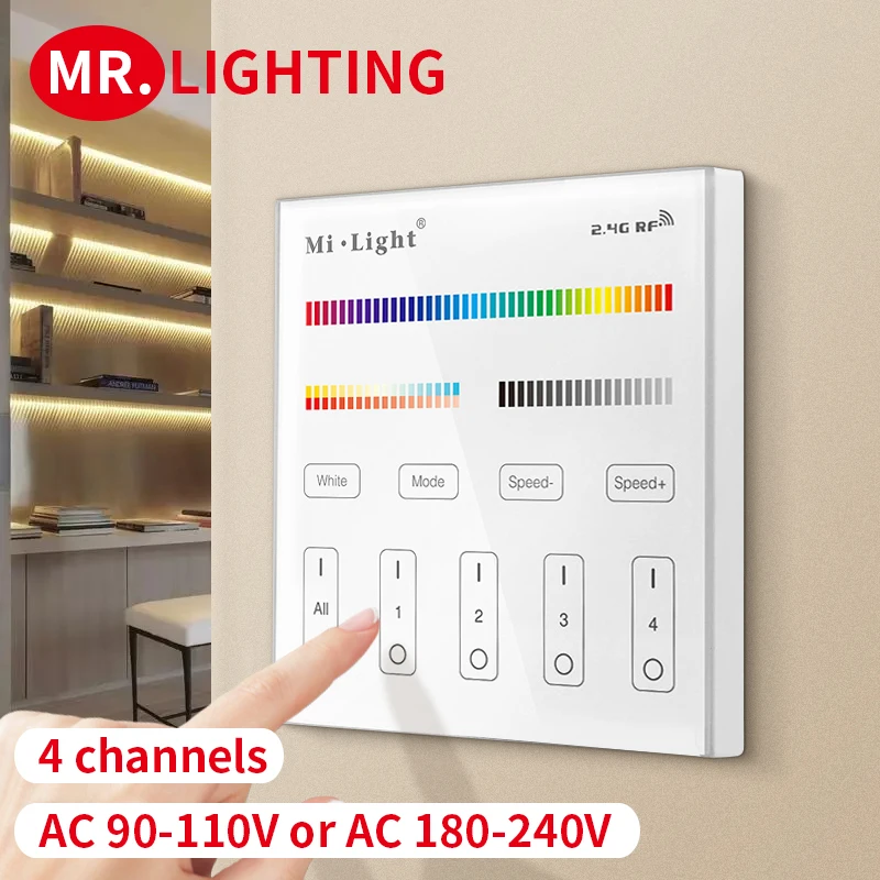 

T4 Miboxer (светильник) 4-зонный RGB + CCT 110 В переменного тока или 220 В переменного тока, умная сенсорная панель с дистанционным управлением для свет...