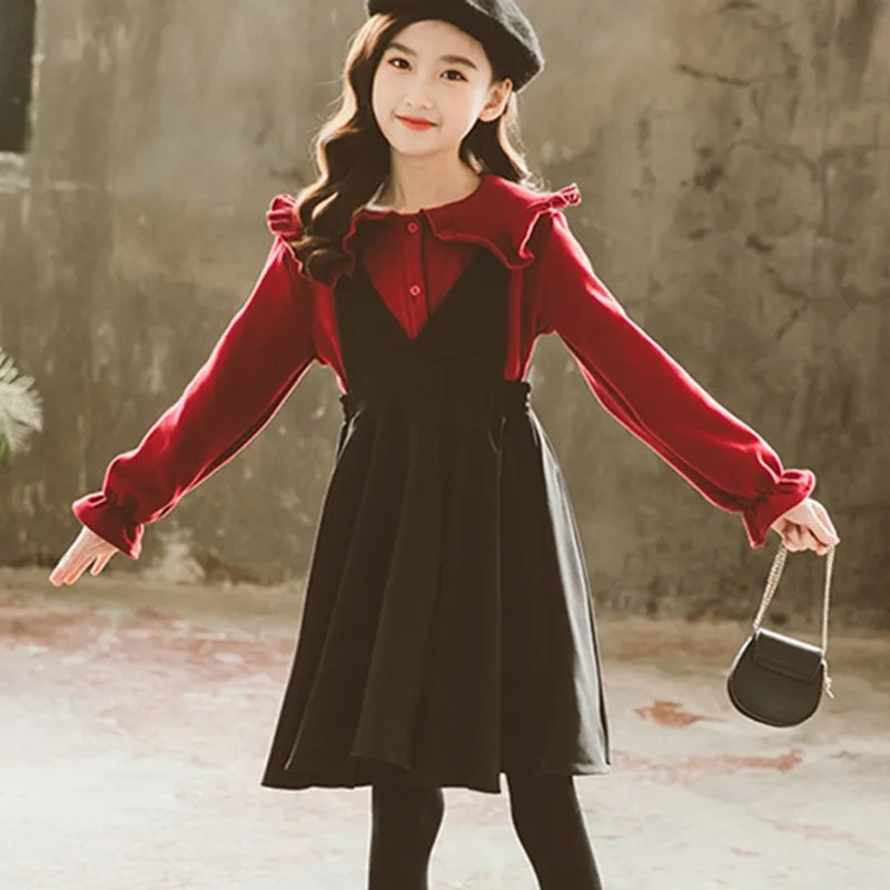 

Детский комплект из 2 предметов, бархатная рубашка с длинным рукавом и платье на бретелях, Рождественская одежда, новогодние костюмы принцессы, 2022