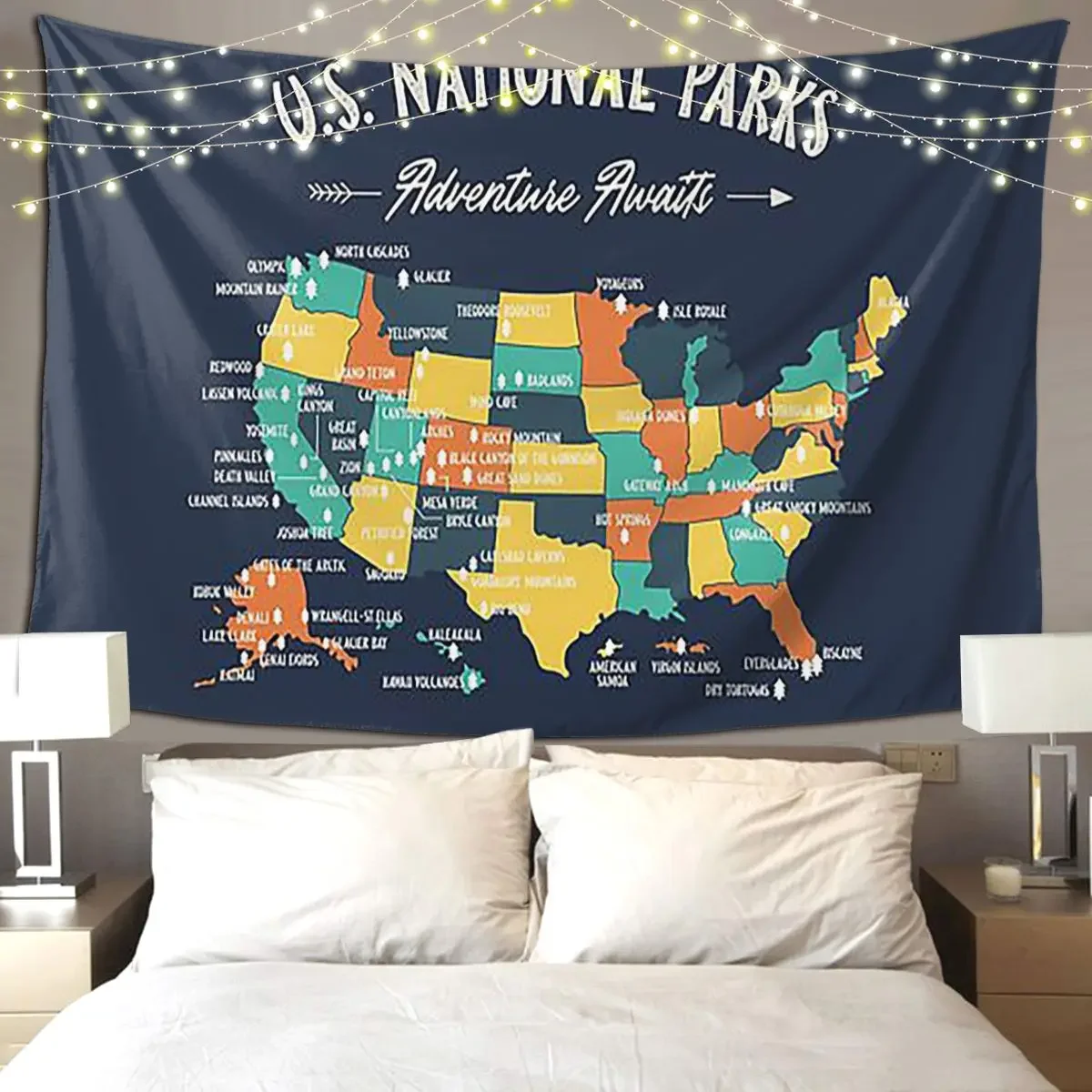 Гобелен в стиле хиппи с рисунком национальных парков США карта приключений обои